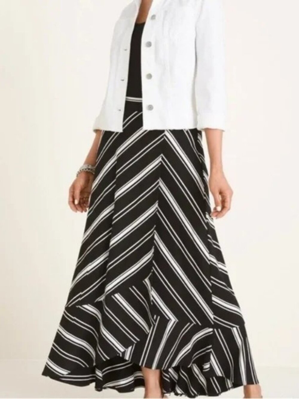 Chico’s Black & White Striped Asymmetrical Faux Wrap Knit Maxi Skirt Small